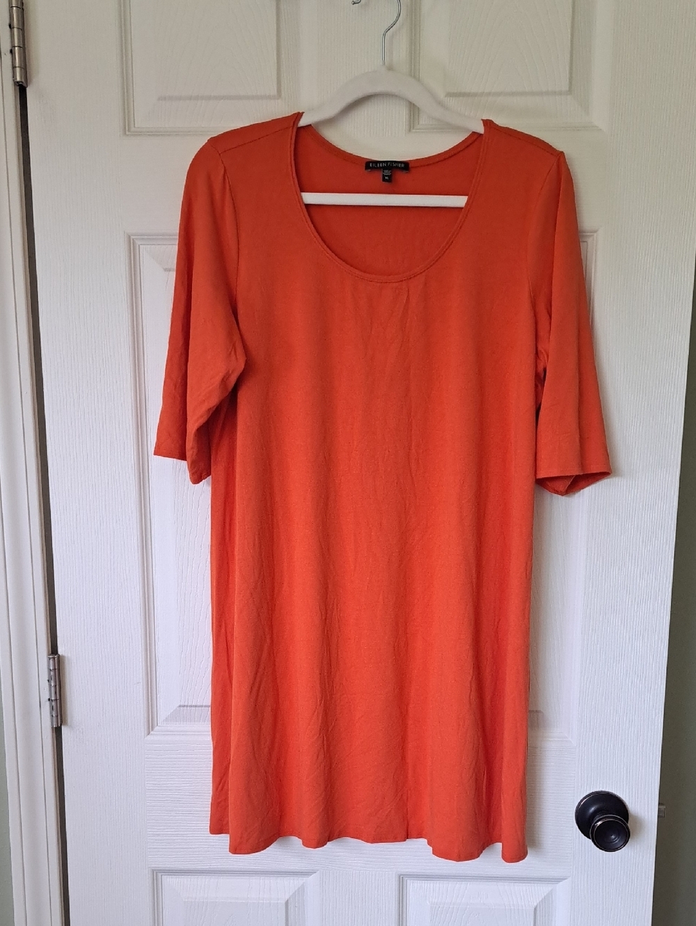 Eileen Fisher Stretch Sleeves Comfy Casual Shift Aline Tunic Dress Scoop Neck